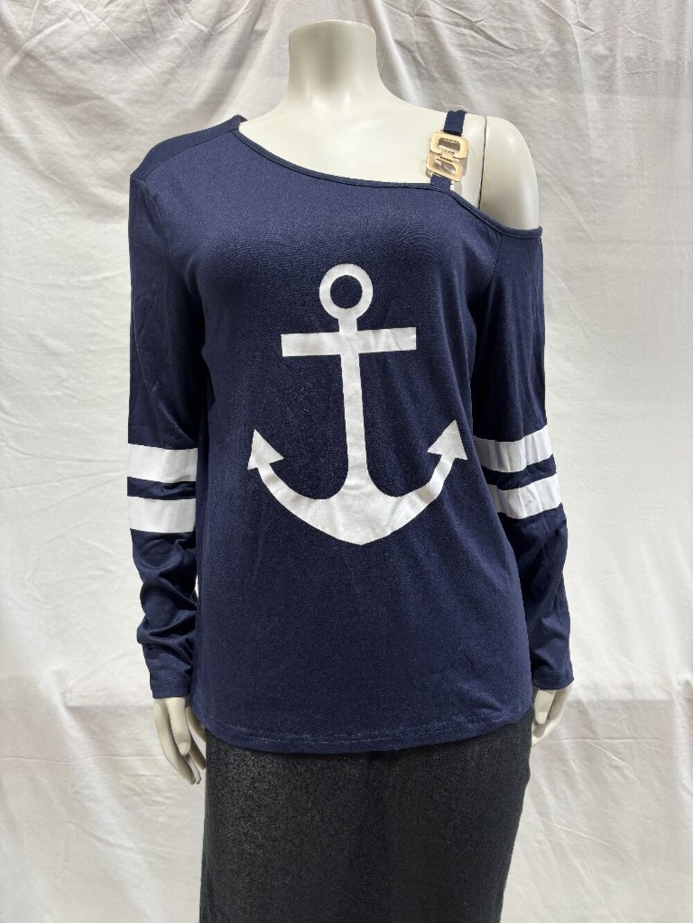Navy Anchor Graphic One Shoulder Top Size Medium Nautical